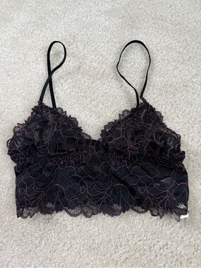 Free People Intimately Black Lace Bralette with Pink Accent Stitching